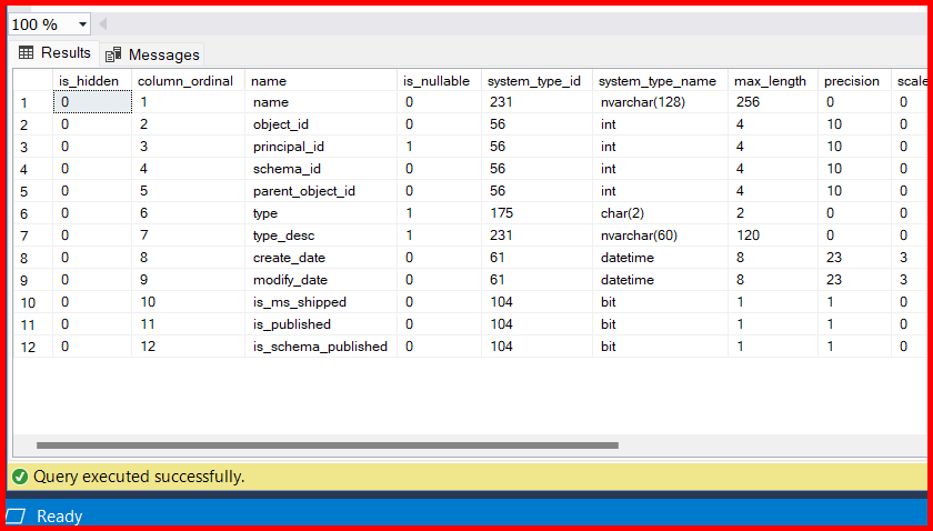 Picture showing the output of sp_describe_first_result_set stored procedure
